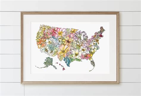 United States Of America Floral Map Art Print Featuring All Etsy