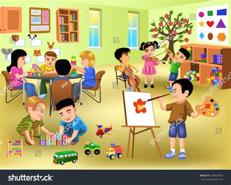 Kids Doing Different Activities In Kindergarten Stock Vector 160907435