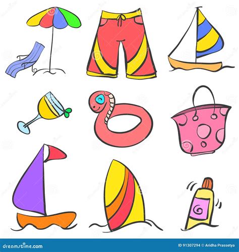 Set Summer Object Doodle Style Stock Vector Illustration Of Drawing