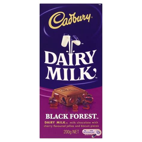 Cadbury dairy milk black forest block is a delicious combination of cherry flavoured jellies and biscuit pieces, blended in with australia's favourite dairy milk, milk chocolate. Cadbury Dairy Milk Black Forest Chocolate Bar (220g) | eBay
