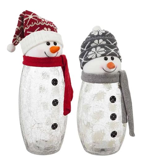 Led Crackle Glass Snowmen With Knit Hats Set Of 2 Glass Snowman Crackle Glass Knitted Hats