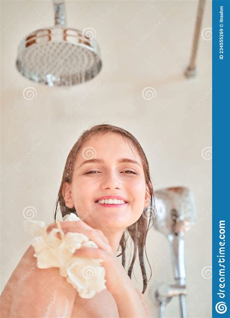 image of happy woman taking shower stock image image of bodycare home 234555269