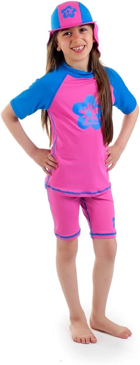 Girls Size 10 Pink Blue Sun Uv Protective Rashguard Swimsuit Swim Shirt And Shorts