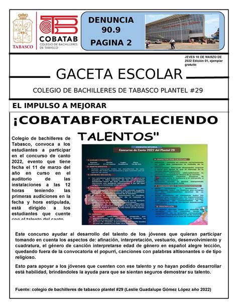 Gaceta Escolar DENUNCIA 90 PAGINA 2 GACETA ESCOLAR JEVES 10 DE MARZO