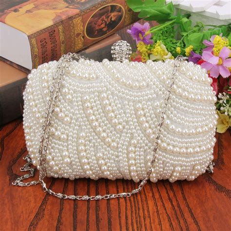 Oval Shaped Pearl Beaded Handbag Women White Clutch Bag Elegant Long