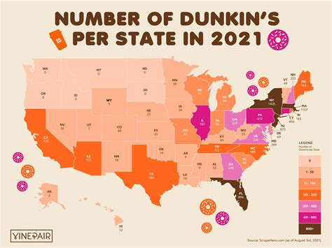 The Number Of Dunkin Locations In Every Us State Map Isaiah Rippin