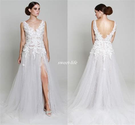 Sexy Boho 2017 White Wedding Dresses Side Split Backless Deep V Neck Floor Length Lace Bridal