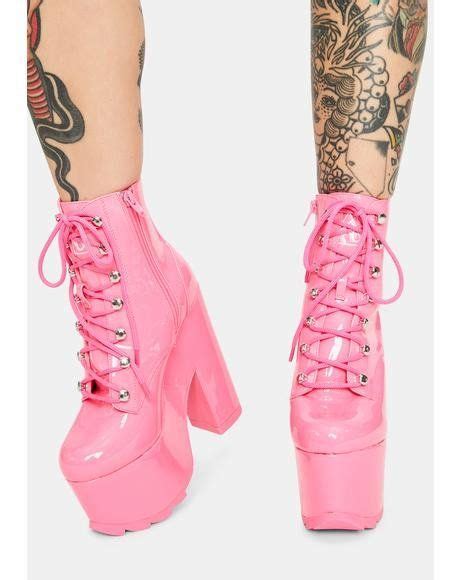 Sugar Thrillz Traitor Platform Combat Boots Pink Glitter