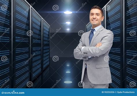 Smiling Businessman Over Server Room Background Stock Photo Image Of