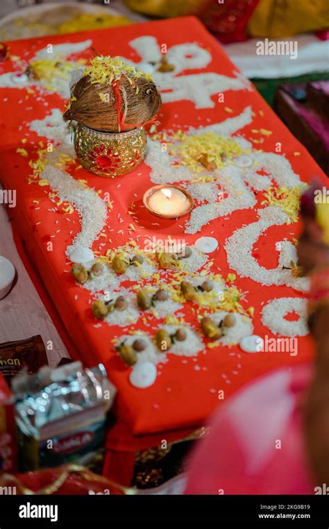 Indian Rituals On An Auspicious Day To Perform Pooja By Placing Coconut
