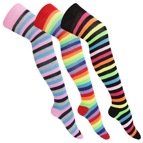 womens ladies striped knee high socks pack of 3 ebay