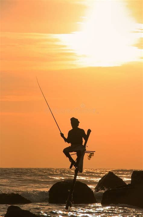 Silhouette Of A Fisherman At Sunset Unawatuna Sri Lanka Editorial
