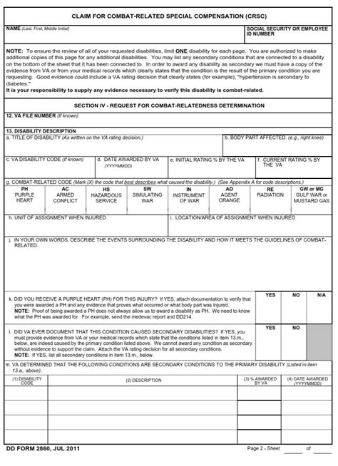 Dd Form 2860 Claim For Combat Related Special Compensation Crsc