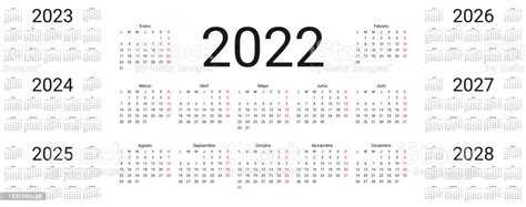 Spanish Calendar 2022 2023 2024 2025 2026 2027 2028 Years Simple Pocket