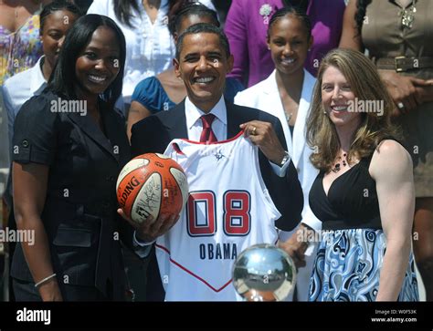 President Barack Obama Poses With Detroit Shock Captain Cheryl Ford L