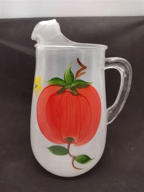 VINTAGE HAZEL ATLAS Gay FAD Frosted GLASS Painted Tomato Pitcher 9 99