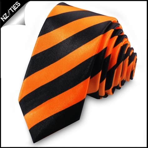 Orange And Black Mens Striped Skinny Necktie Nz Ties