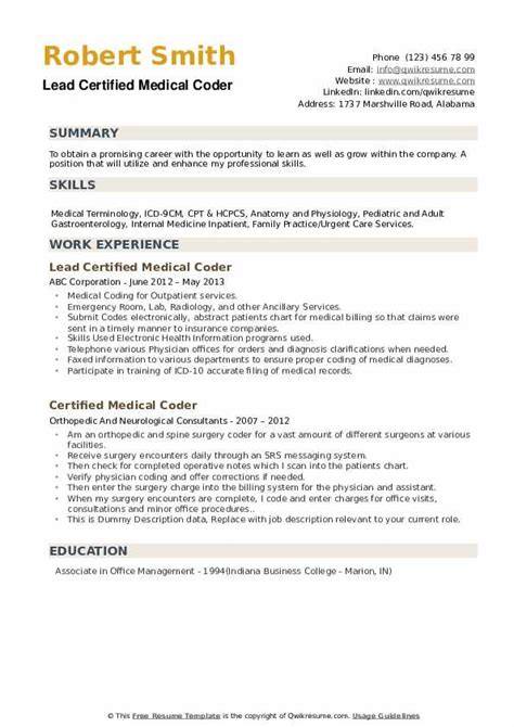 certified medical coder resume samples qwikresume