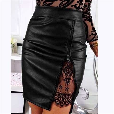 anself new women pu leather skirt solid high waist zipper slim bodycon tight skirt black