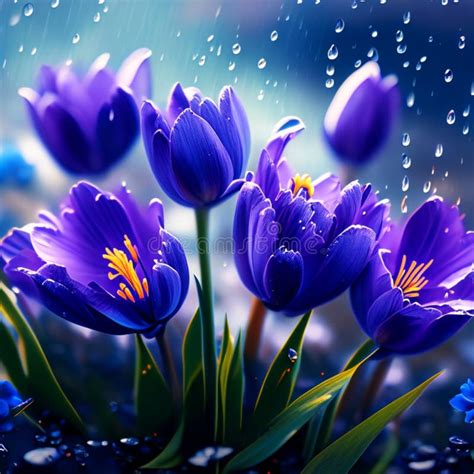 Spring Flowers Of Blue Crocuses In Drops Of Water On The Background Of