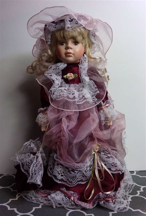 Vintage Victorian Dressed Collectible Porcelain Doll Blonde Hair Blue