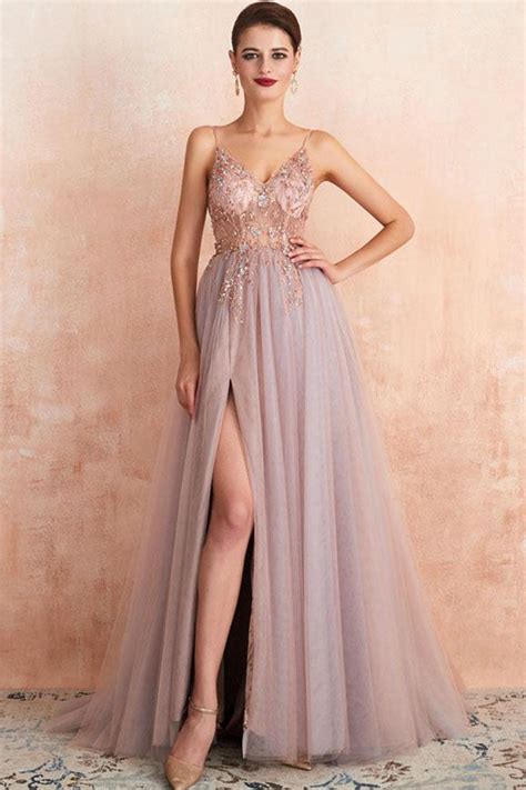 Rose Beaded Spaghetti Straps A Line V Neck Tulle Long Prom Dress With Simidress