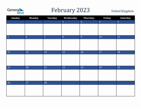 February 2023 Monthly Calendar With United Kingdom Holidays