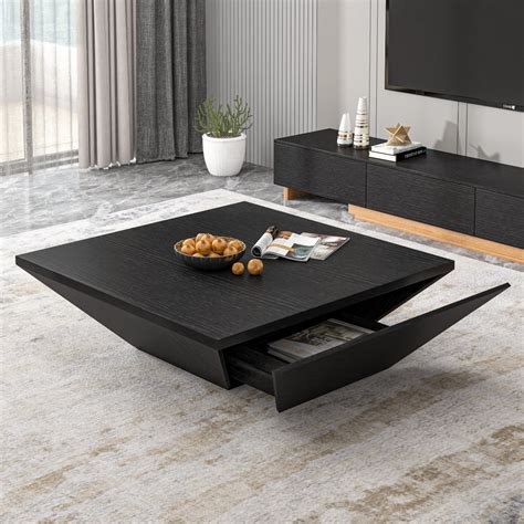 Modern Black Square Coffee Table With Drawer Fully Assembled