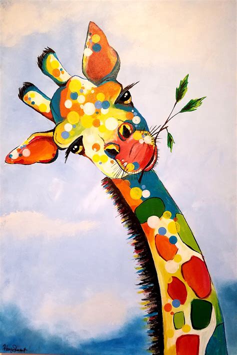Canvas Acrylic Painting On An Abstract Giraffe Munching On Some Grub