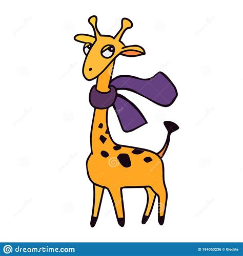 Animals Of Zoo Giraffe With Scarf In Cartoon Style Isolated Cute