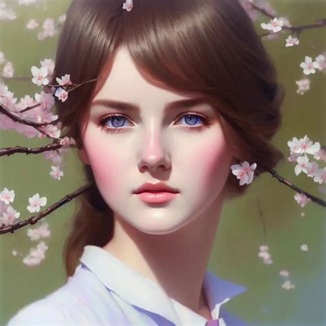 Cute Russian Schoolgirl Under Cherry Blossoms Perfe Openart