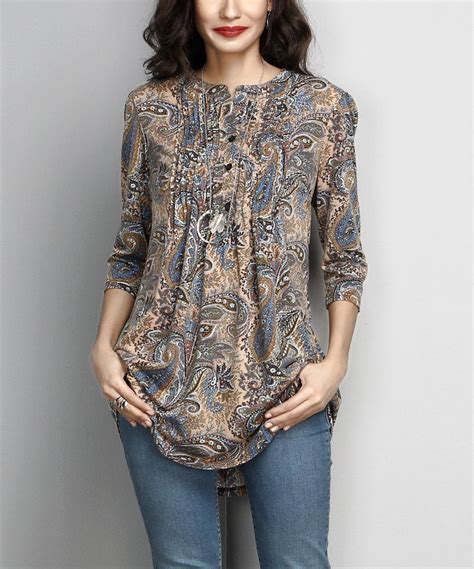 Reborn Collection Brown Paisley Notch Neck Pin Tuck Tunic Tunic