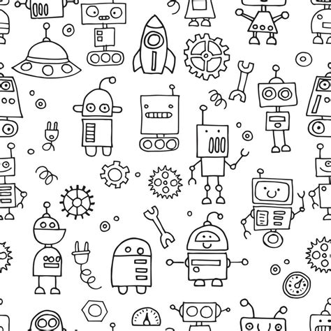 Vector Seamless Pattern Drawings In Doodle Style Cute Robots Simple