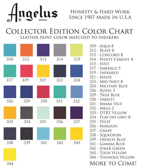 Angelus Brand Acrylic Leather Vinyl Paint Color Chart 727 Collections