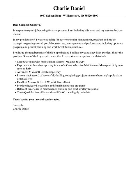 Asset Planner Cover Letter Velvet Jobs