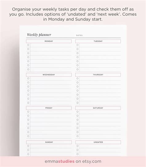 Weekly Task Planner Printable Weekday Organiser Planner Etsy Australia