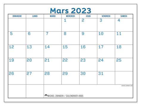 Calendrier Mars 2023 à Imprimer “49ds” Michel Zbinden Mc