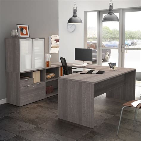 Bestar I3 Plus U Shape Computer Desk With Hutch In Bark Gray 160861 47