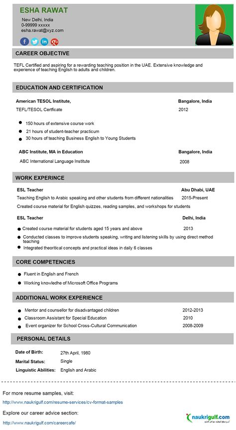 Student and graduates resume writing. TEFL Resume Sample - CV Format for Teaching English Abroad - Naukrigulf.com