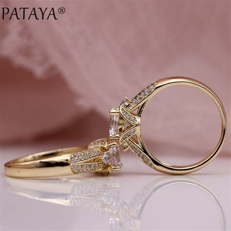 pataya new women luxury wedding rings 585 rose gold color round natural zircon fashion jewelry