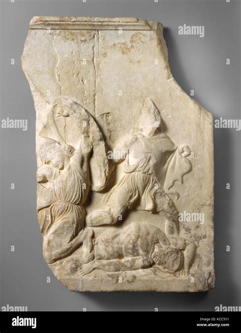 Fragment Of A Marble Relief From A Funerary Monument Ca 390 Bc Stock