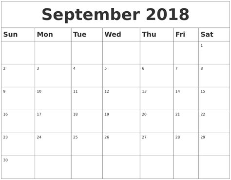 September 2018 Blank Calendar