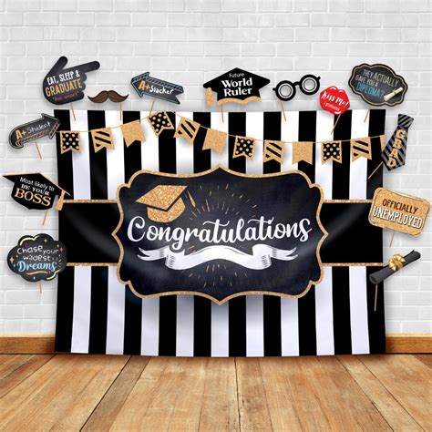 Graduation Party Backdrop Classy Black White And Gold Theme Backdrop