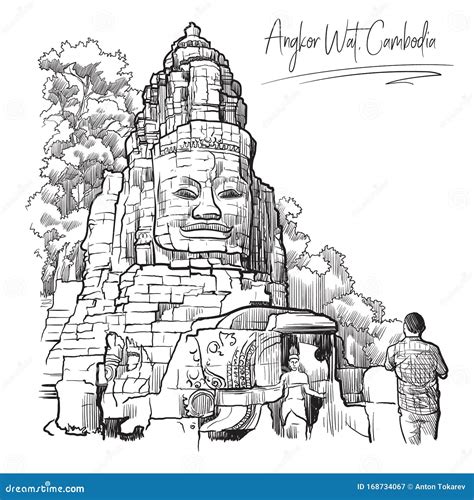 Buddha Temple In Angkor Wat Cambodia Engraving Style Sketch Cartoon