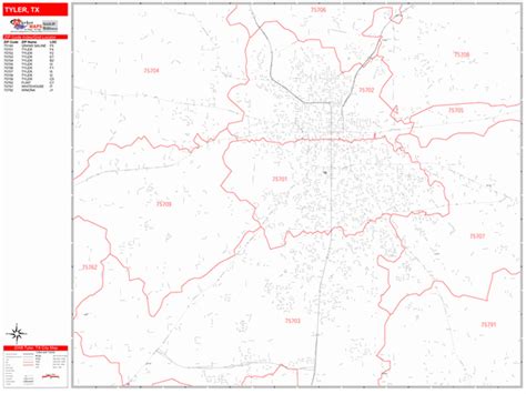 Tyler Texas Zip Code Wall Map Red Line Style By Marketmaps