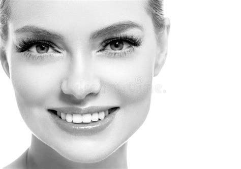 Healthy Teeth Smile Woman Beautiful Face Close Up Monochrome Stock