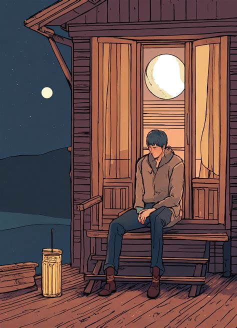 Lexica Sad Lonely Man On Porch With Half Full Moon