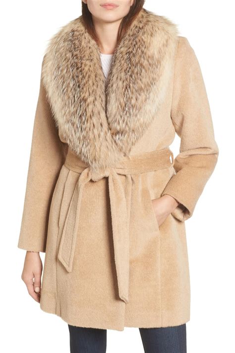 Sofia Cashmere Genuine Badger Fur Collar Wrap Coat In Natural Lyst