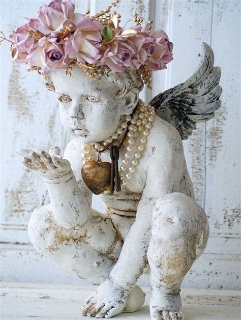 Distressed Cherub Statue W Handmade Ornate Lavender Pink Rose Crown