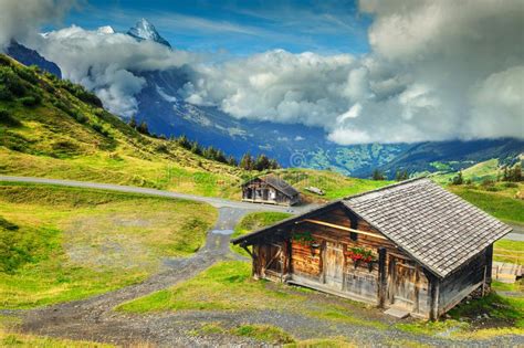 Typical Swiss Alpine Farmhouses And Snowy Mountains Bernese Oberland